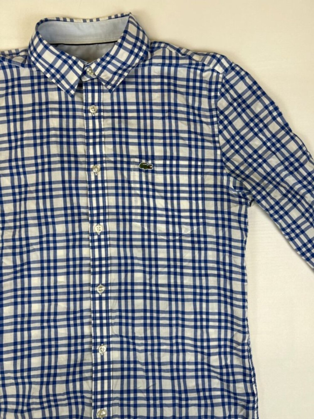 Lacoste Men's Size S Blue White Check Plaid Long Sleeve Button Down Shirt - Picture 4 of 7